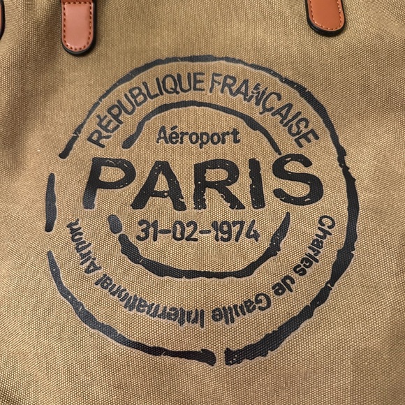 PARIS STAMPED Retro Vintage Canvas Large Tote Bag Purse W/Strap Khaki - Picture 6 of 10